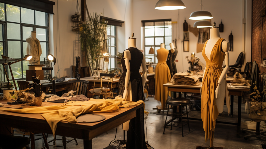 Cozy fashion studio with mannequins and eco-friendly designs in progress.