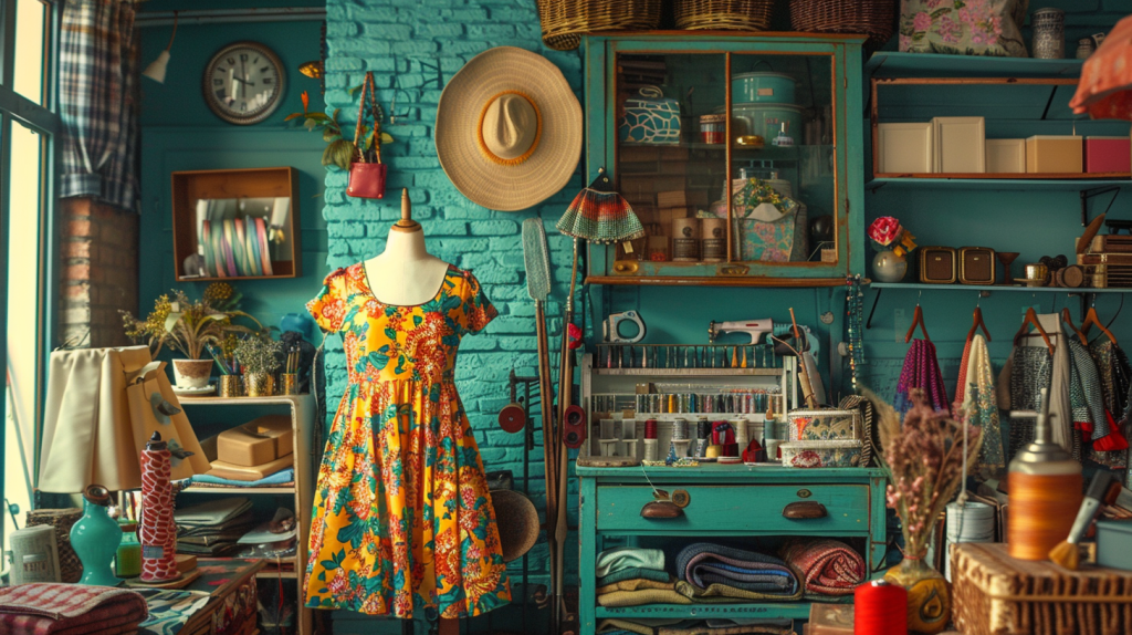 Charming vintage craft room with colorful dress and sewing supplies.